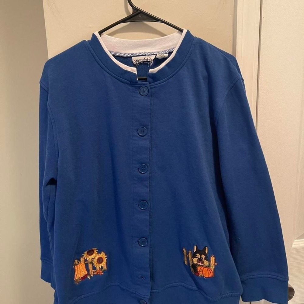 Speculations Blue Embroidered Fall Dog Sunflower Button Front Sweatshirt Medium
